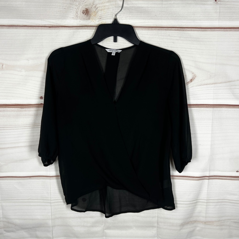 Naked Zebra Sheer Blouse Womens Small Black Solid V-Neck Faux Wrap Top Cropped